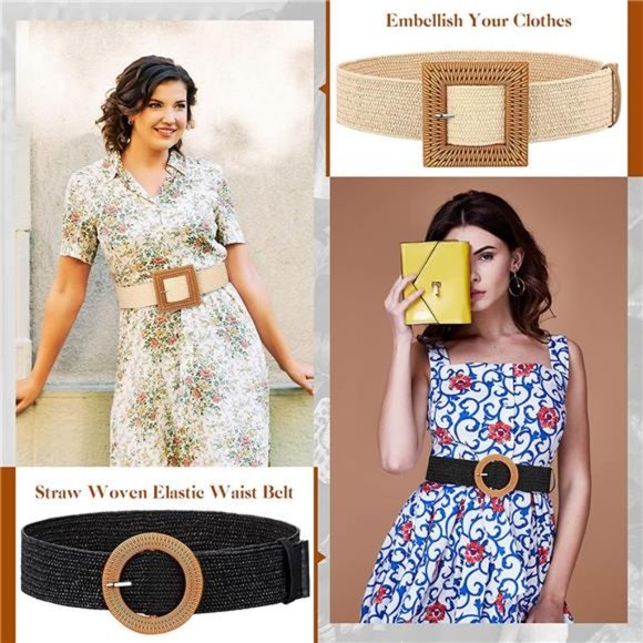 3 Pieces Straw Woven Elastic Waist Belt for Women Bohemian Dress Braided Belt main image 7